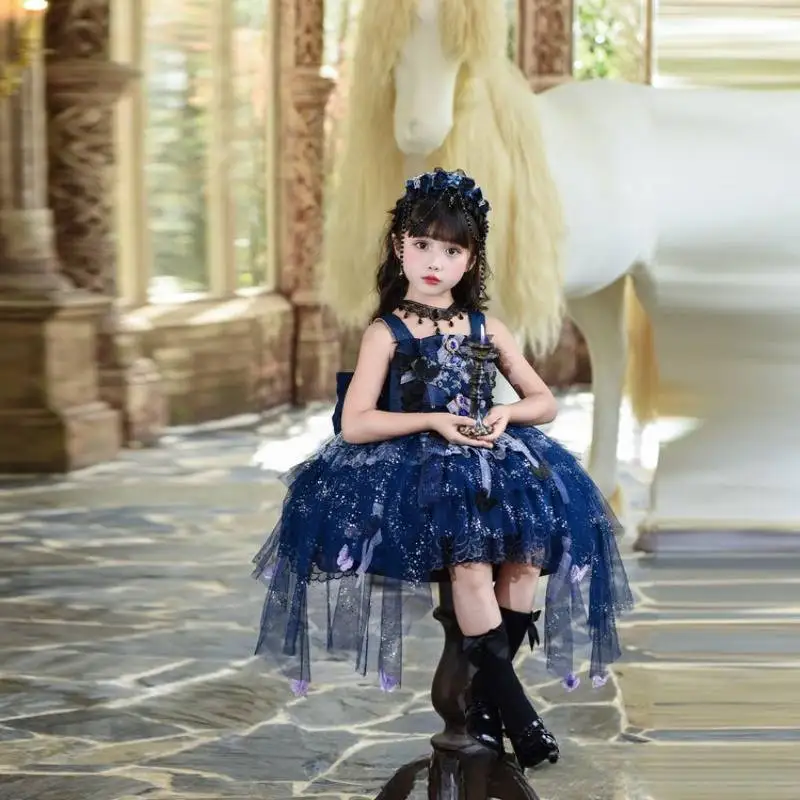 Dunkelblaues Lolita-Kleid für Mädchen, Kinder-Schmetterlings-Schlepprock, ärmelloses, voluminöses Ballkleid für Geburtstagsfeiern und Halloween-Kostüme – Detail 5