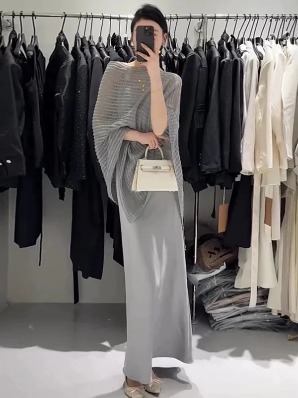 Dames zomer Vaion los gebreide opengewerkte oulder priem Cowl Ne Long Sve dunne polyester Batwing Sle Top