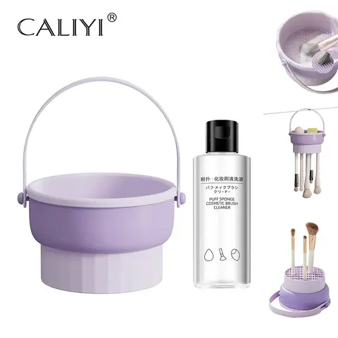 CALIYI Makeup Brush Puff Cleaner 3 in 1 Silicone Bowl with 80ml Cleaning Liquid for Storage Stand Cosmetic Make Up Tools Cleaner