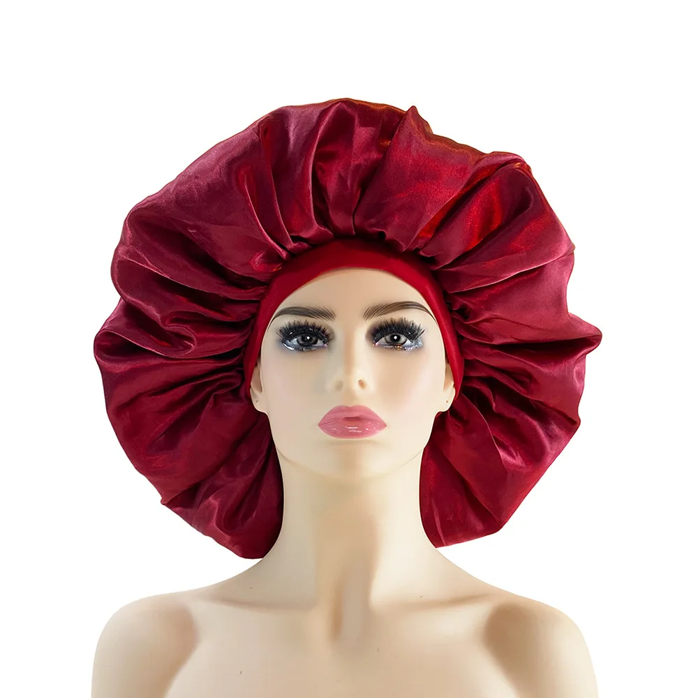 1Pcs Single Layer Satin Bonnets Night Sleeping Cap Large Elastic Soft Band Colorful Silk Hat for Curly Hair Care Beauty Makeup