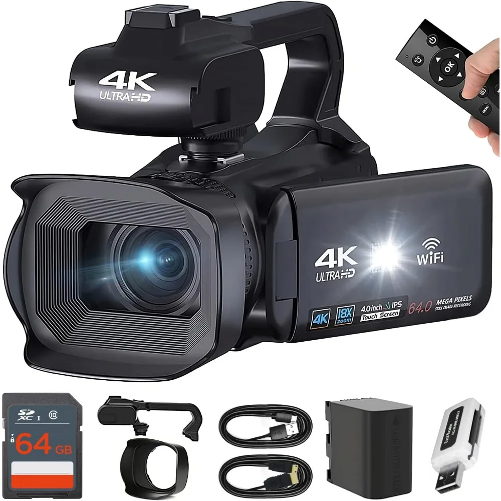 4K Professional Video Camera 18x Digitale Zoom Camcorder Wifi 64MP Youtube Vlog Film Camera 4.0 