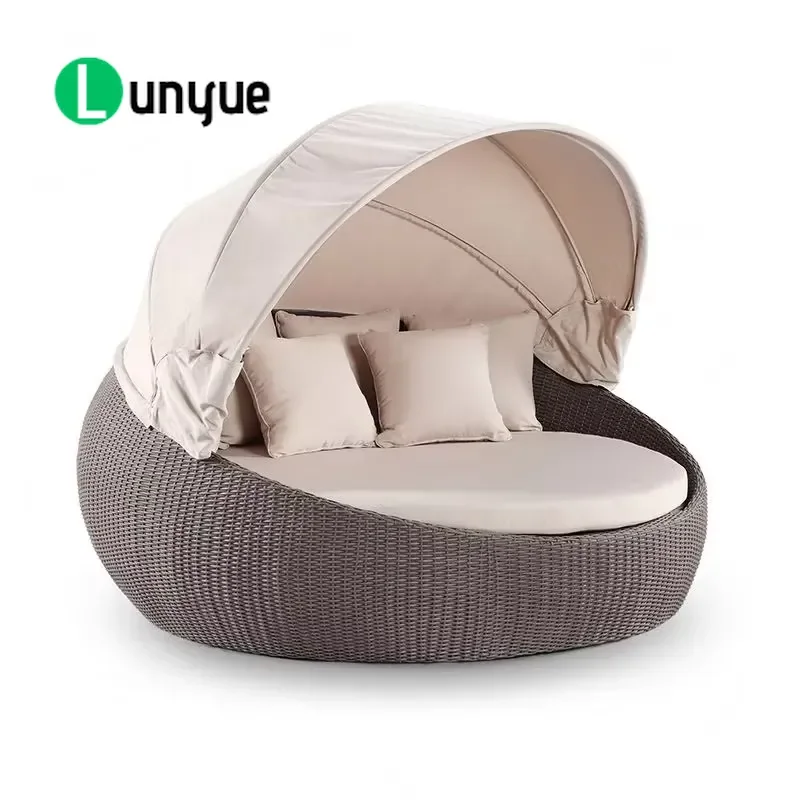Outdoor PE Rattan Round Sofa Bed with Canopy Wicker Patio Sun Lounger Recliner Furniture for Garden Poolside Latest Design
