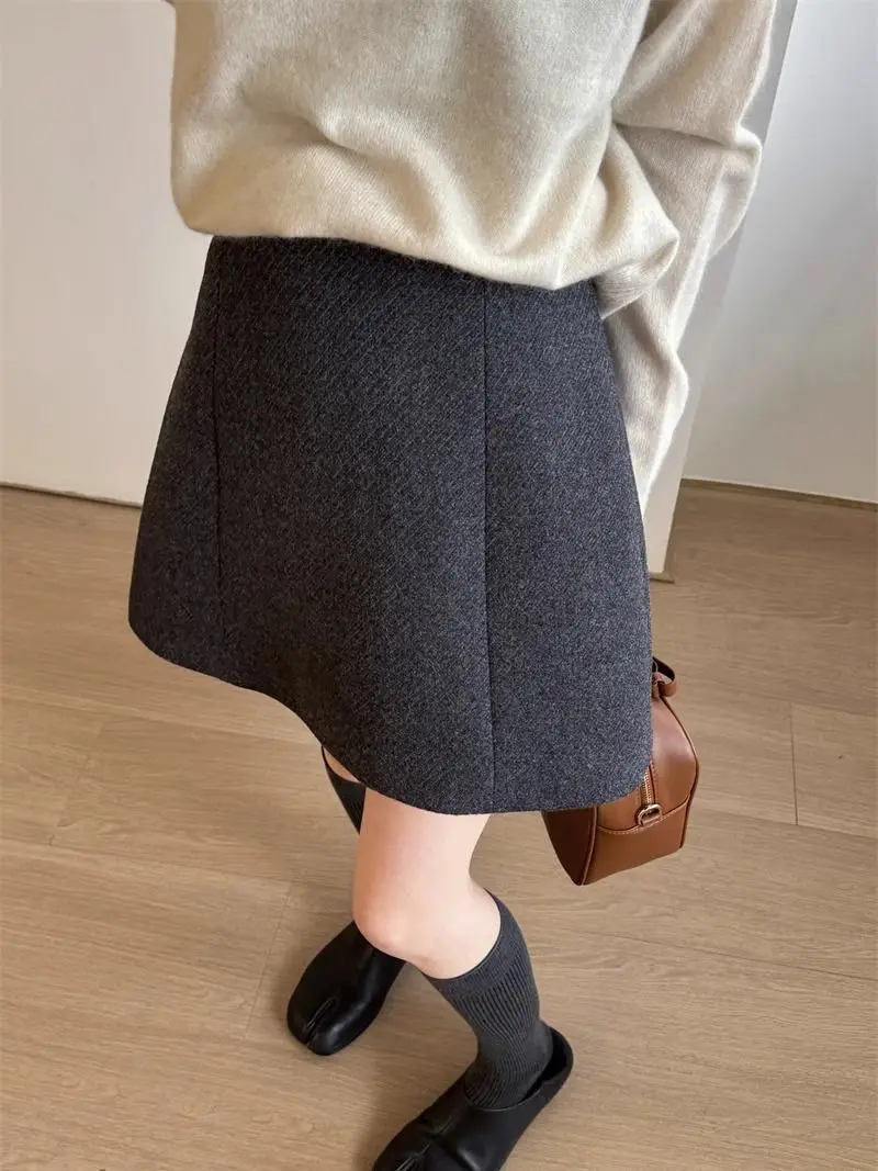 KUSAHIKI Vinatge Thick Woolen Skirts Womens 2023 Winter New Korean High Waisted Slim A-line Short Skirt Faldas De Mujer