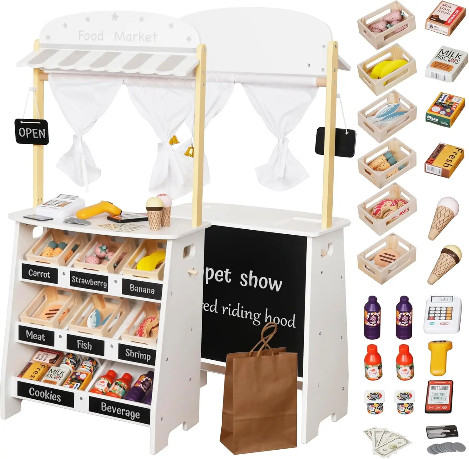 

Kids Grocery Store Playset, 26PCS Pretend Play Food Toy with Shopping Cart & Cash Register for 3+ Year Old