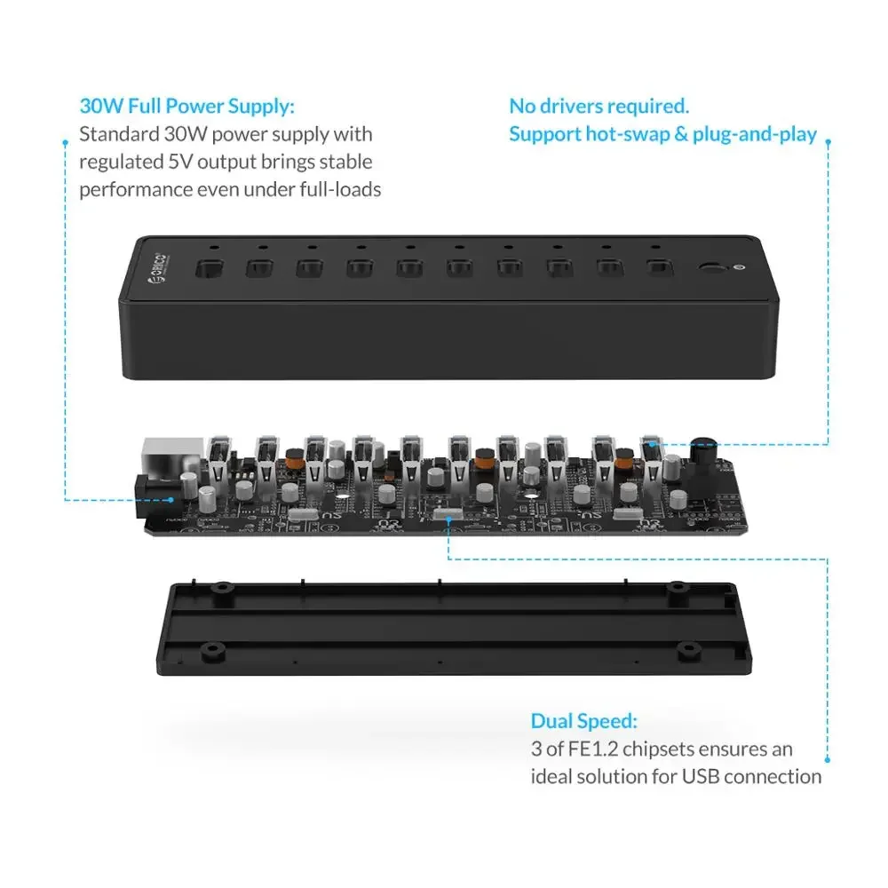 ORICO USB HUB 10 Port ABS USB2.0 HUB With 12V Power Adapter High Speed USB Splitter For PC Computer Accessories 1M Data Cable