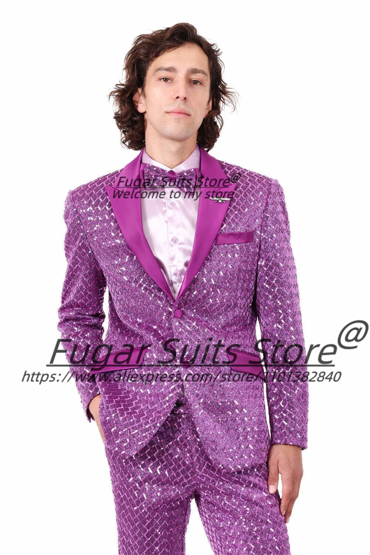 Fashion Diamond Sequin Design Men Suits Slim Fit Shawl Lapel Groom Wedding Tuxedos 2 Pieces Sets Male Prom Blazers Ropa Hombre