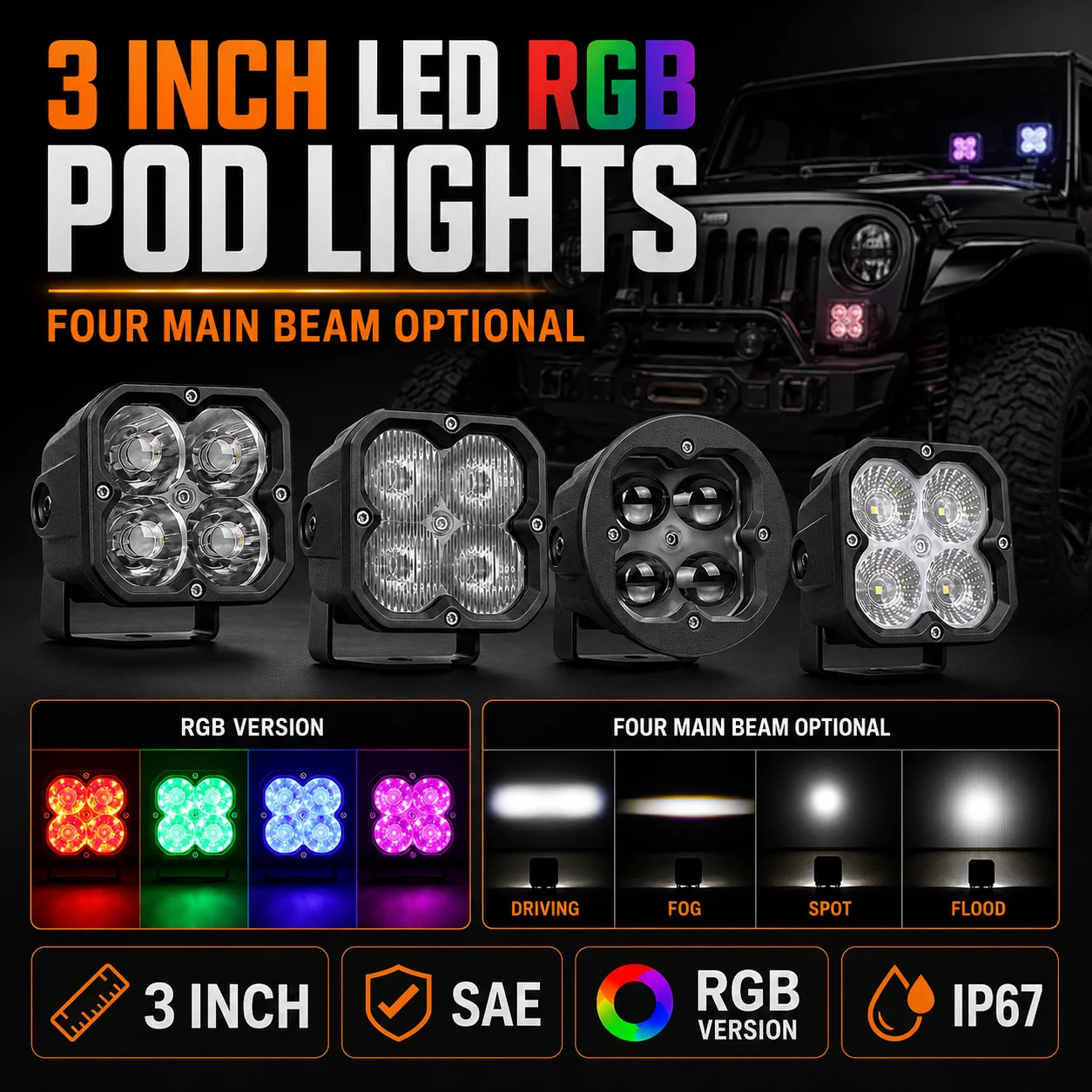 OGA 2PC 3inch RGB LED Pod Light Driving Spot Fog Beam Work Lights Kit With Wiring Harness,14W Off-Road Driving Lamp for ATV, SUV