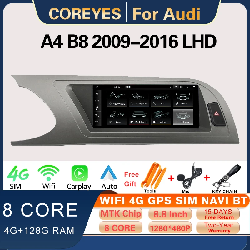 

COREYES 8.8" Car Carplay Radio For Audi A4 B8 2009-2016 LHD Stereo Multimedia Player Android12 Navigation GPS Headunit Bluetooth