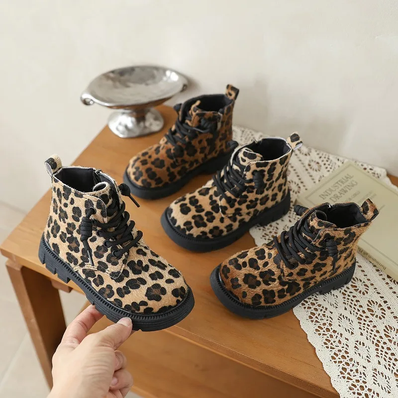Mumoresip Kids Leopard Ankle Boots Spring Autumn Girls Platform Boots Outdoor Non-slip Side Zipper Children Causal Short Boots