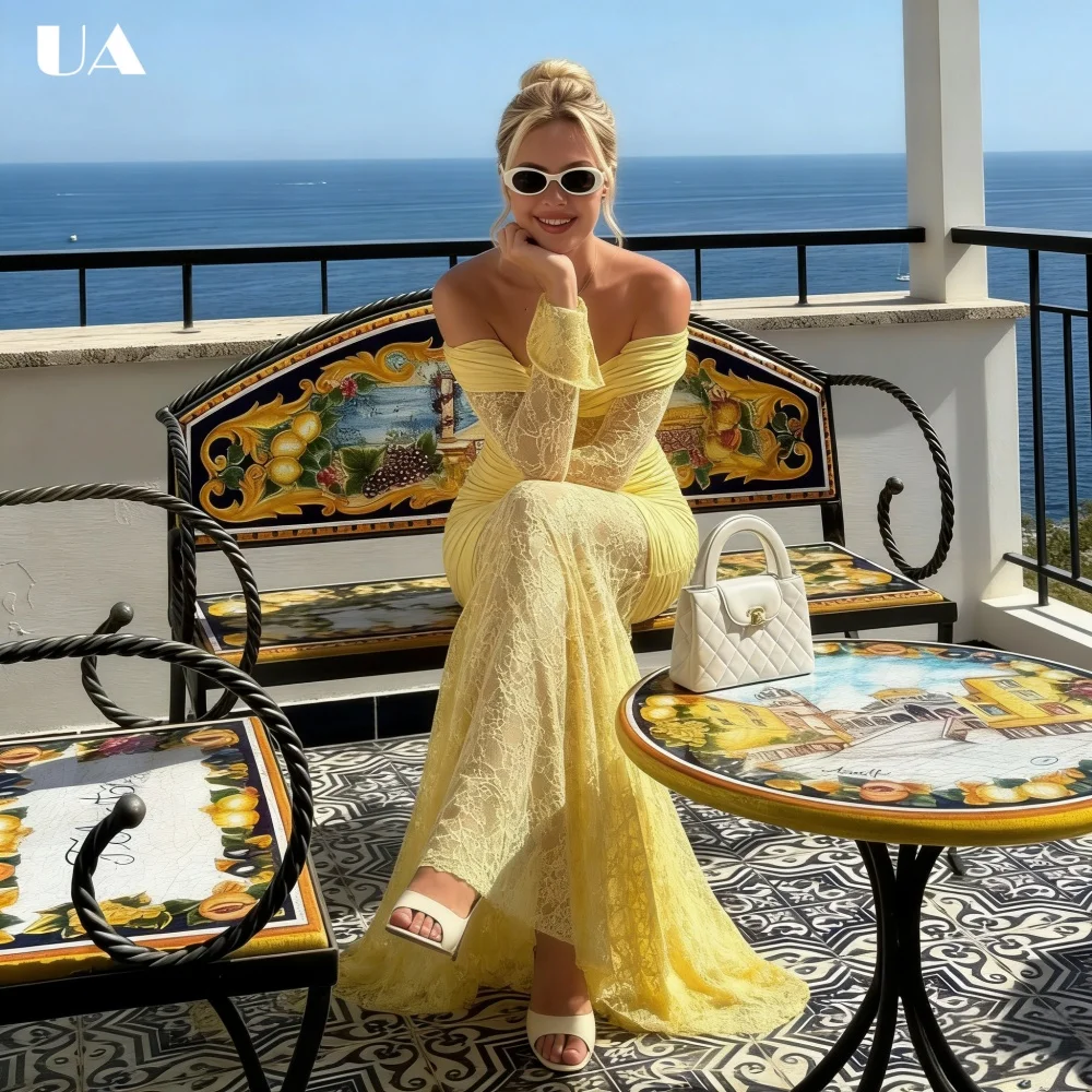 

Fashionable Lace Mermaid Slash Neck Maxi Dress, Elegant Off-the-shoulder Shirring Long Dress for Woman, Trendy Solid Party Dress