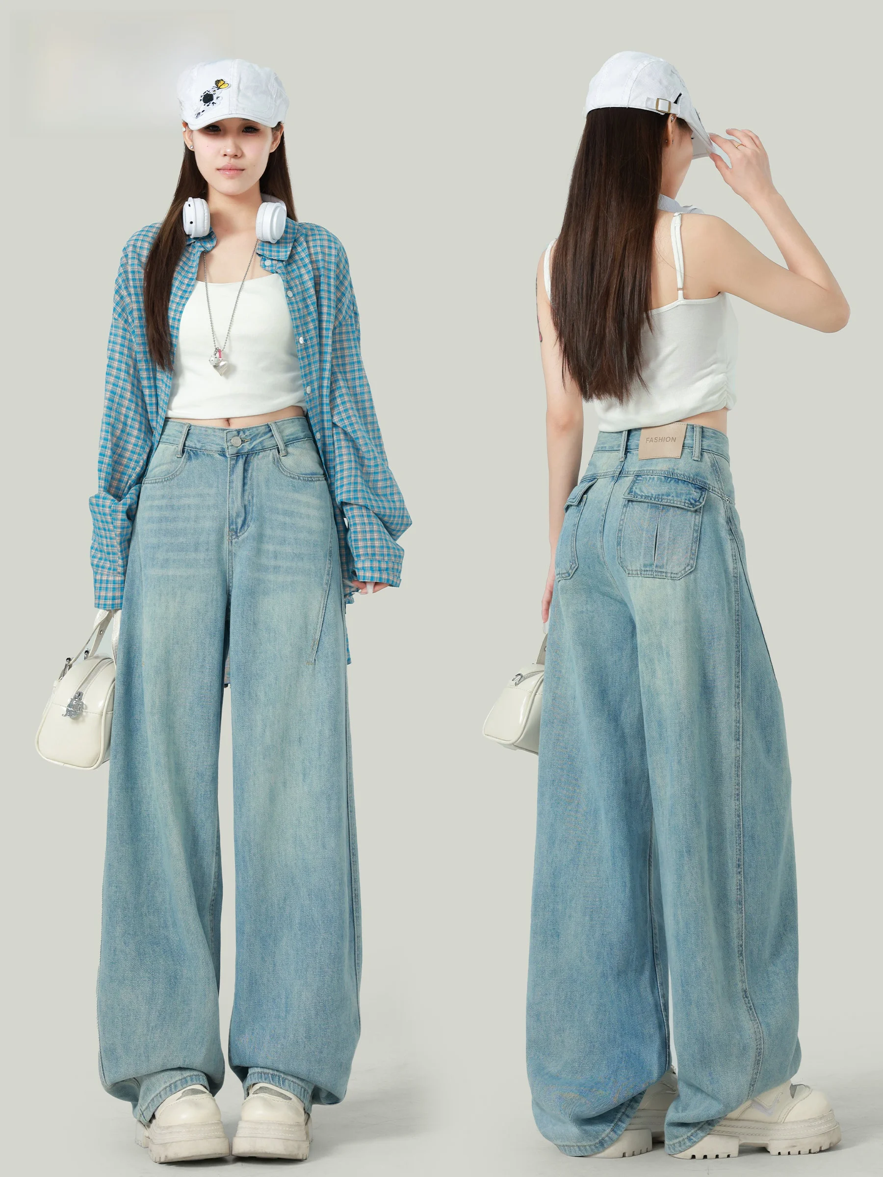 

Американские джинсы с высокой талией и широкими штанинами для женщин, новинка ранней осени, свободные, стройнящие, с особыми задними карманами-«ножами»