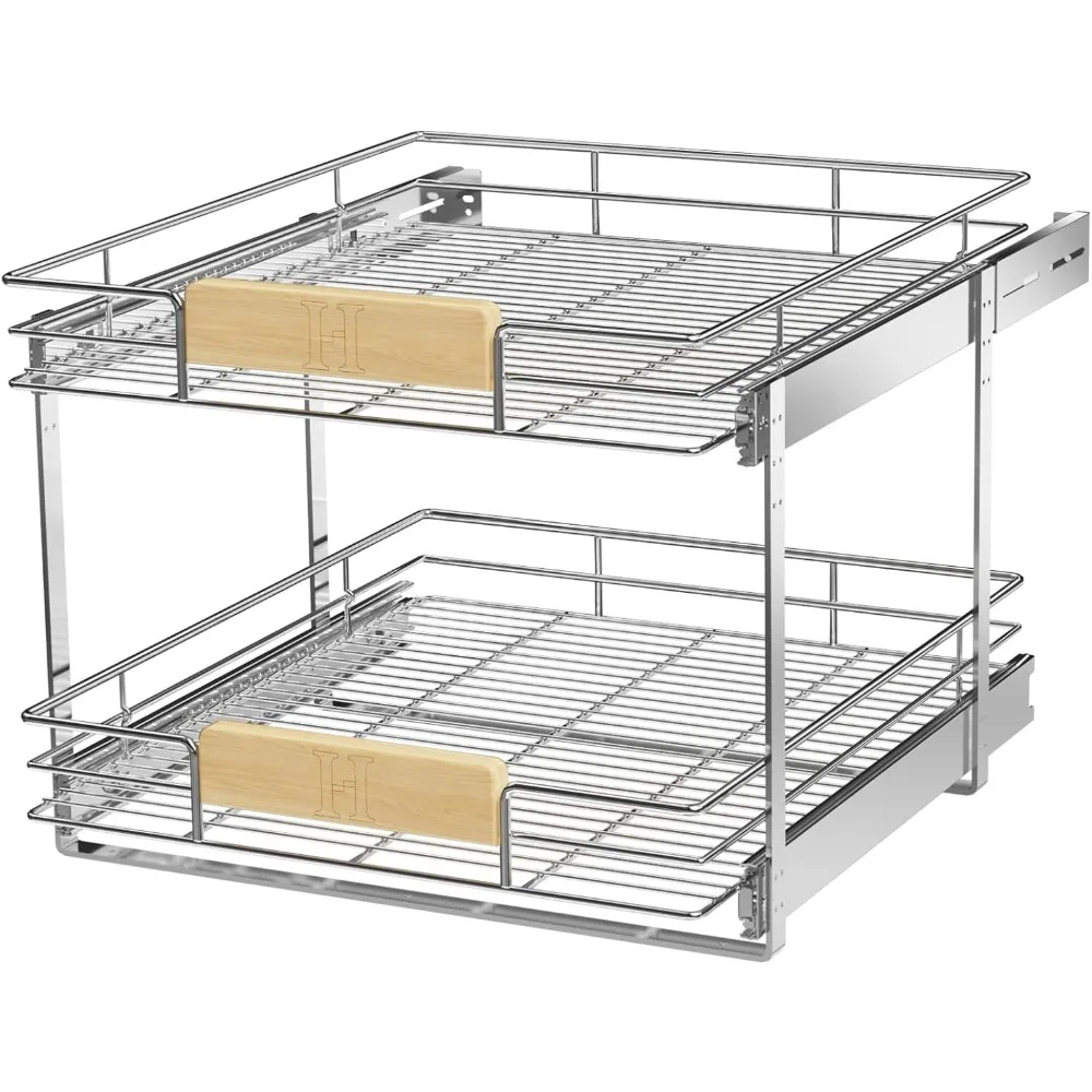 

2 Tier Pull Out Cabinet Organizer 19½" W x 21½" D, Slide Out Drawers with Wooden Handle, Sliding Shelves Organization