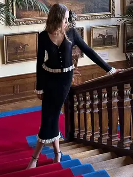 2024 Gebreide Lange Rok Set Lange Mouwen Houten Oorrand Enkel Rij Vest Gebreide Jas + Hoge Taille Rok Tweedelige Set