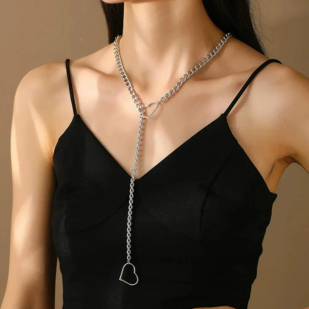 New Goth Heart Metal Silver Color Chain Necklace for Women Punk Rock Choker Adjustable Fashion Jewelry Accessories Gifts