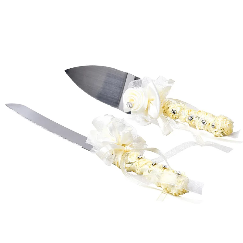 Ribbon Flower Decorated Stainless Steel Shovel Cake Pizza Knife Serving Set for Wedding   Birthday PartyCake Cutter