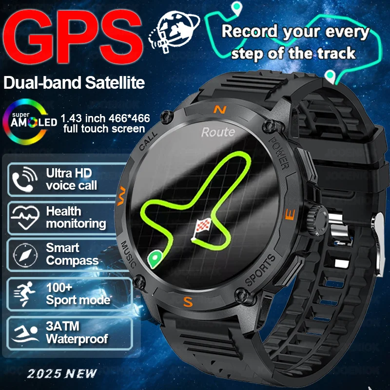 

Спортивные умные часы на открытом воздухе, мужские GPS, встроенные двухдиапазонные GNSS, 1,43-дюймовый AMOLED-экран, HD-вызовы, умные часы для IOS Android 2025, новинка
