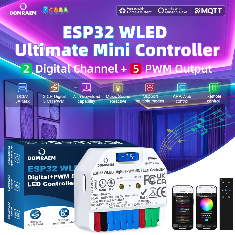 DOMRAEM ESP32 Super Mini All-in-One WLED Controller Digital+PWM 5in1 For WS281X SK6812 RGBIC and PWM Dimmable LED Strip HA Alexa