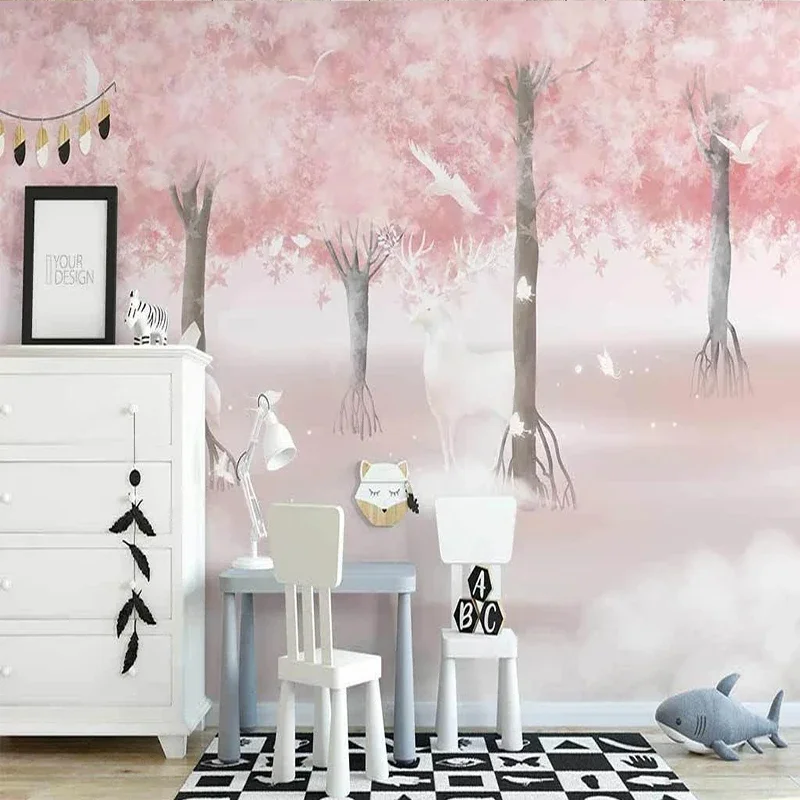 Custom Photo Wallpaper Nordic Ins Cherry Blossom Elk Forest Wall Cloth Mural Living Room TV Sofa Backdrop Home Decor Waterproof