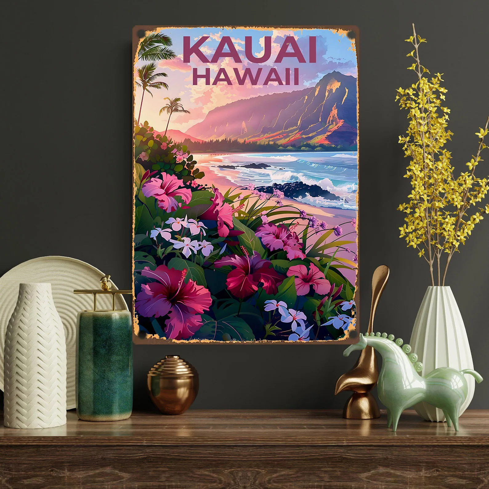 [Retro Tropical Beach Poster Art] Room Decor  Vintage Kauai Hawaii Metal Tin Sign,  Iron Wall Art, Retro Tropical Beach Landscap