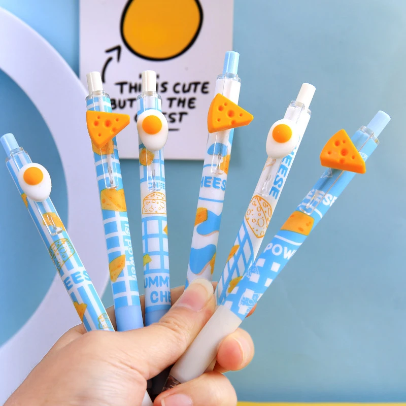 

4Pcs Kawaii Cheese Egg Gel Pen Black 0.5mm Ink Cute Press Style Ballpoint Pen writing pens Office School Stationery supplies