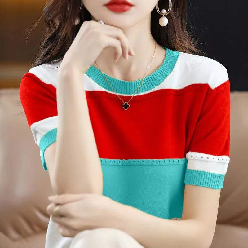 2024 Summer New Ice Silk T-shirt Short-sleeved Stripes Top Women\'s Round Neck Color Matching Hollow Loose Thin Knitted Sweater