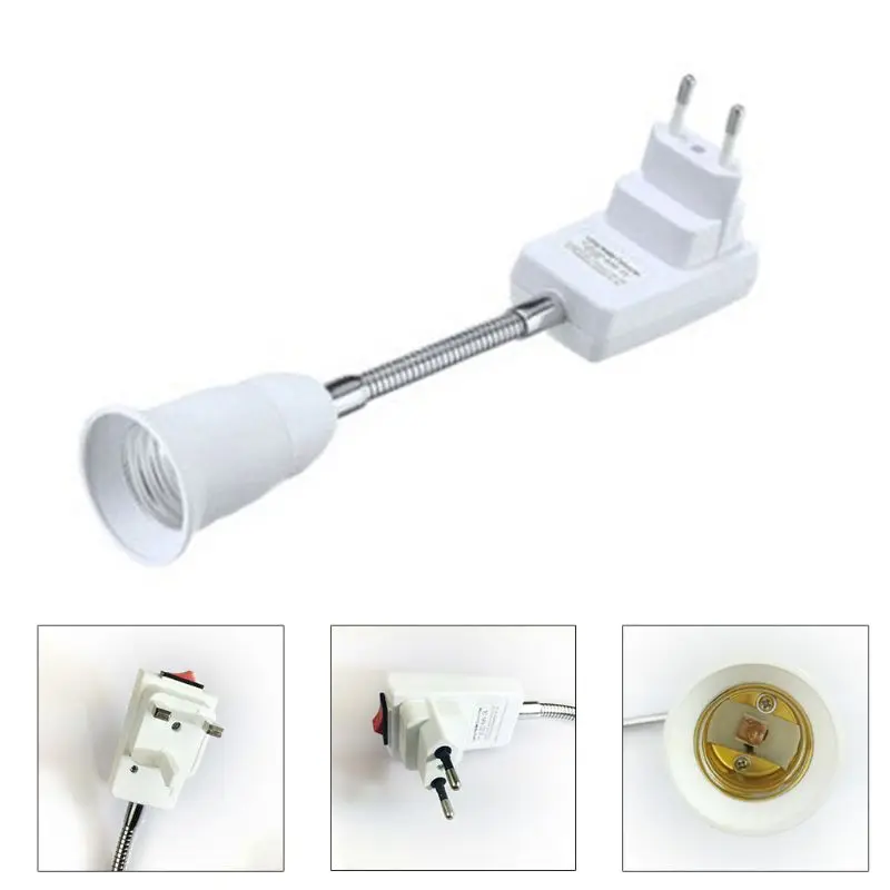 652F EU Plug Flexible Extension Lamp Bulb Holder Converter E27 Plug in Light Socket Adapter with On/Off  Easy to Use