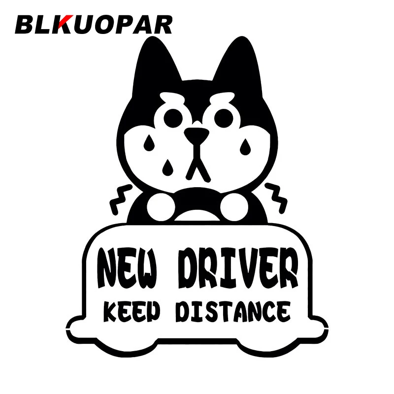 BLKUOPAR New Driver Keep Distance Car Stickers Cute Dog Decal Scratch-Proof Die Cut Windshield Surfboard Car Styling