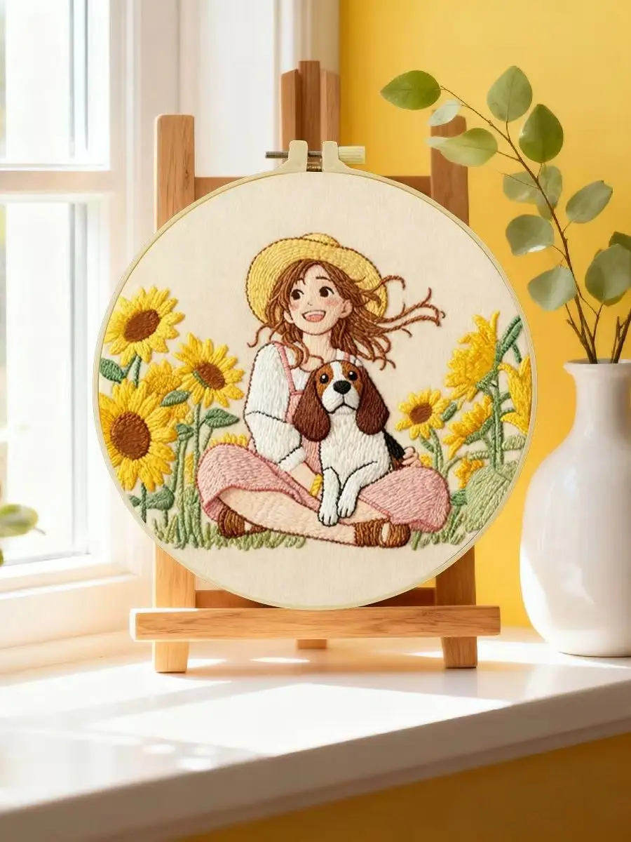 1 Stück 20X20CM/15X15CM 7,87/6,3 Zoll Mädchen und Hund Stickerei Starter-Kit DIY-Kit DIY-Stickerei-Set Handarbeiten Heimdekoration – Detail 6