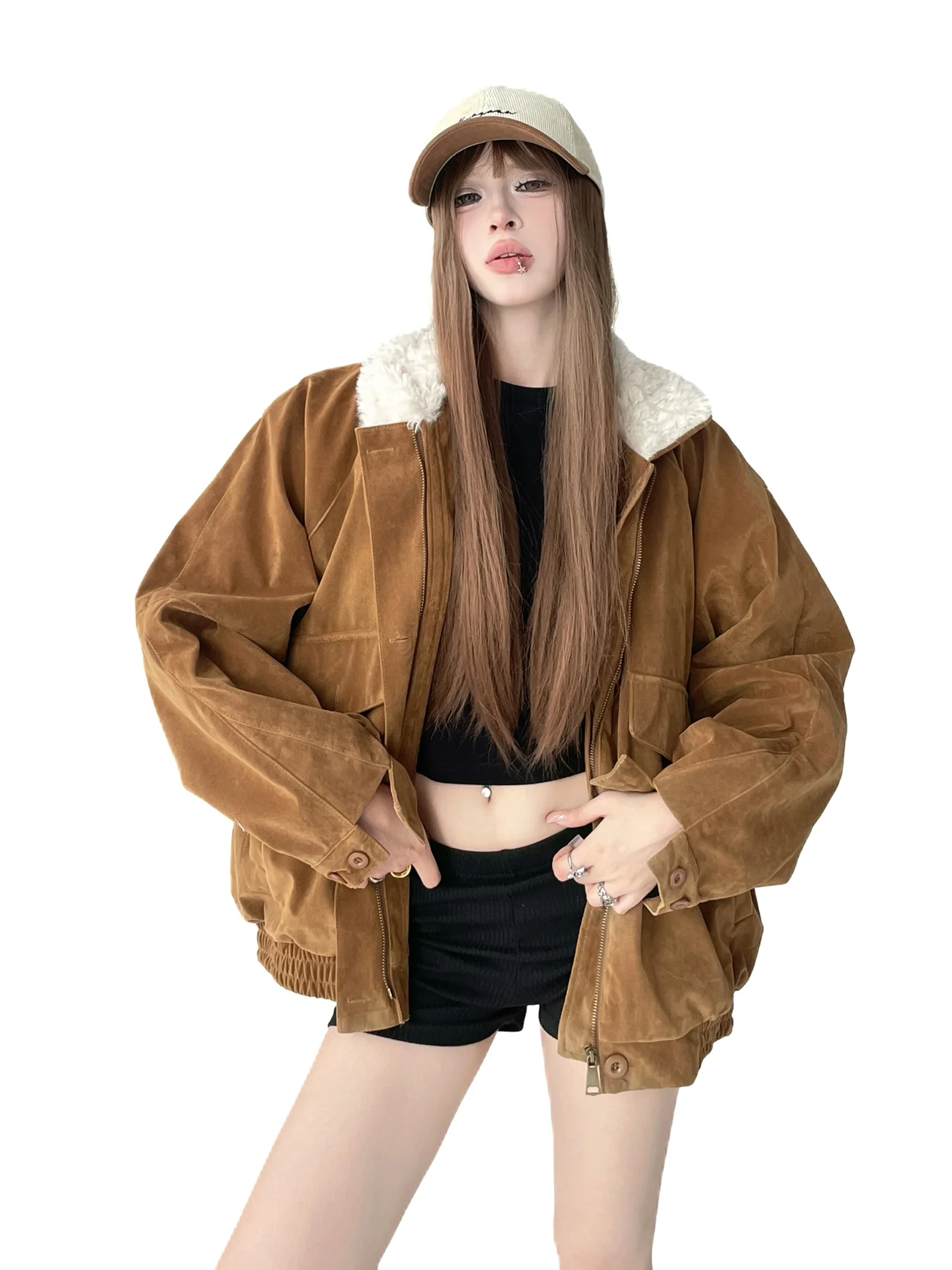 

Faionable Oversized Casual Thiened Suede Cotton Jaet Women's Winter New Sle Wood Yu Zi Street Sle Long Sve Zipper