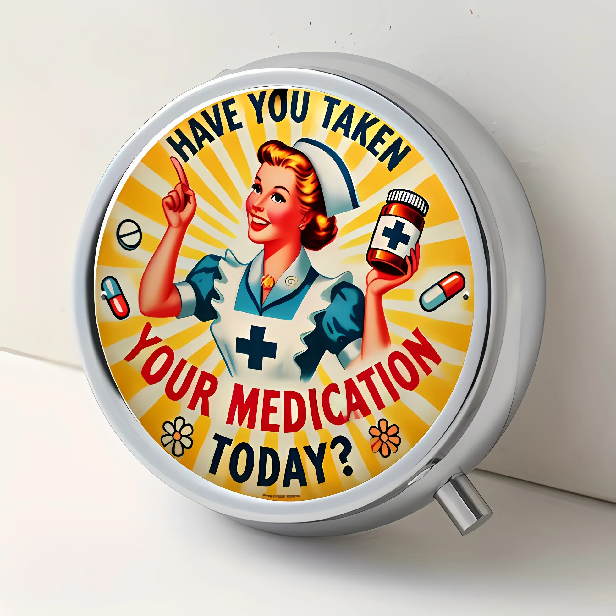 1 Portable Metal Pill Box, with Vintage Nurse Medication Reminder Design, Three-Compartment Round Convenient Pill Box, Multi-Functional for Storing Vitamins, Capsules, Pills, and Jewelry, Is an Ideal Gift for Family and Friends, Portable Pill Box