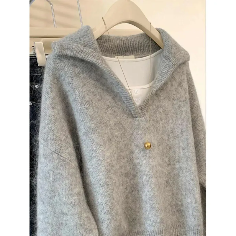 

Серый вязаный свитер-пуловер с V-образным вырезом для женщин, новинка осени-зимы 2026, свободный и простой топ с откидным воротником