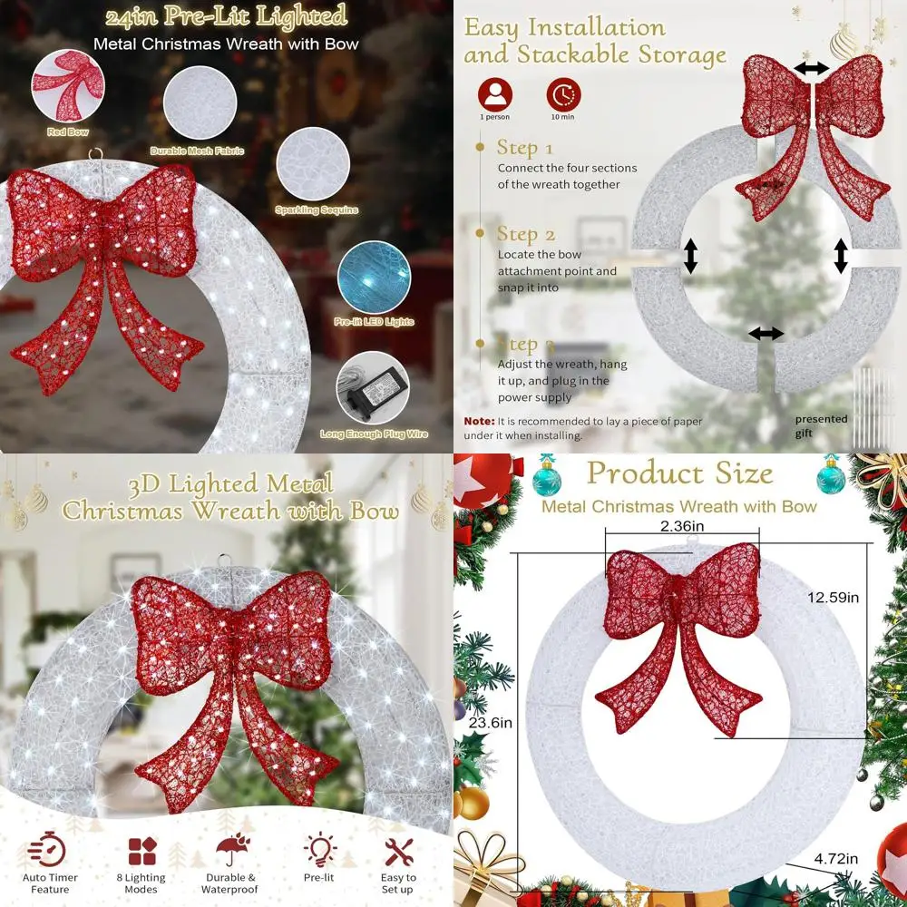 

24 Multicolor RGB LED Pre-Lit Christmas Wreath with Remote, Timer & Bow for Outdoor Use