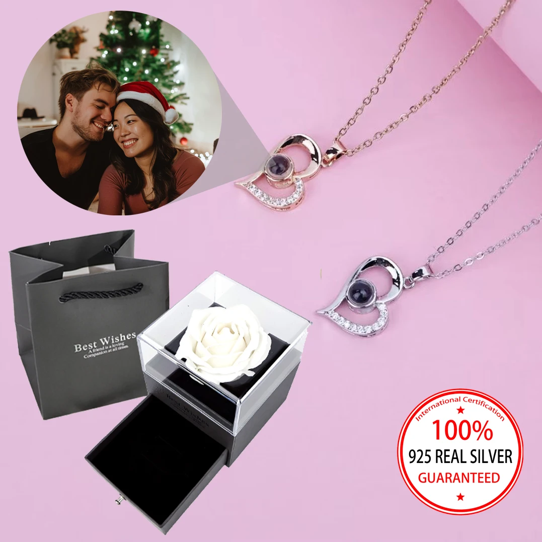 

925 Sterling Silver Custom Photo Projection Heart Pendant Necklace With Multi Color Rose Gift Box Valentine's Day Christmas New