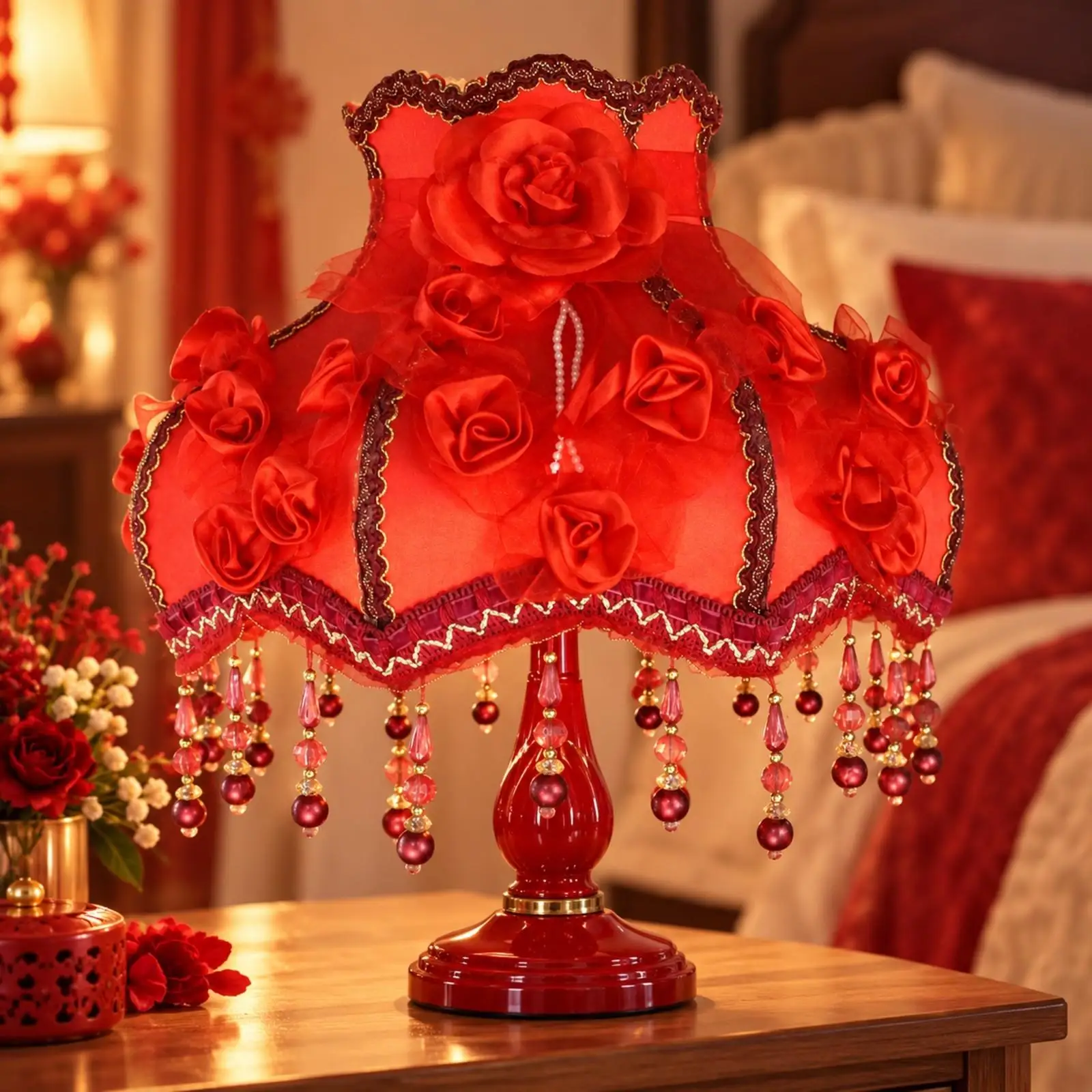 Beaded Fabric Lampshade Wedding Floral Design E27 Lamp Cover Replacement for Table Floor Pendant Lighting Romantic Decor
