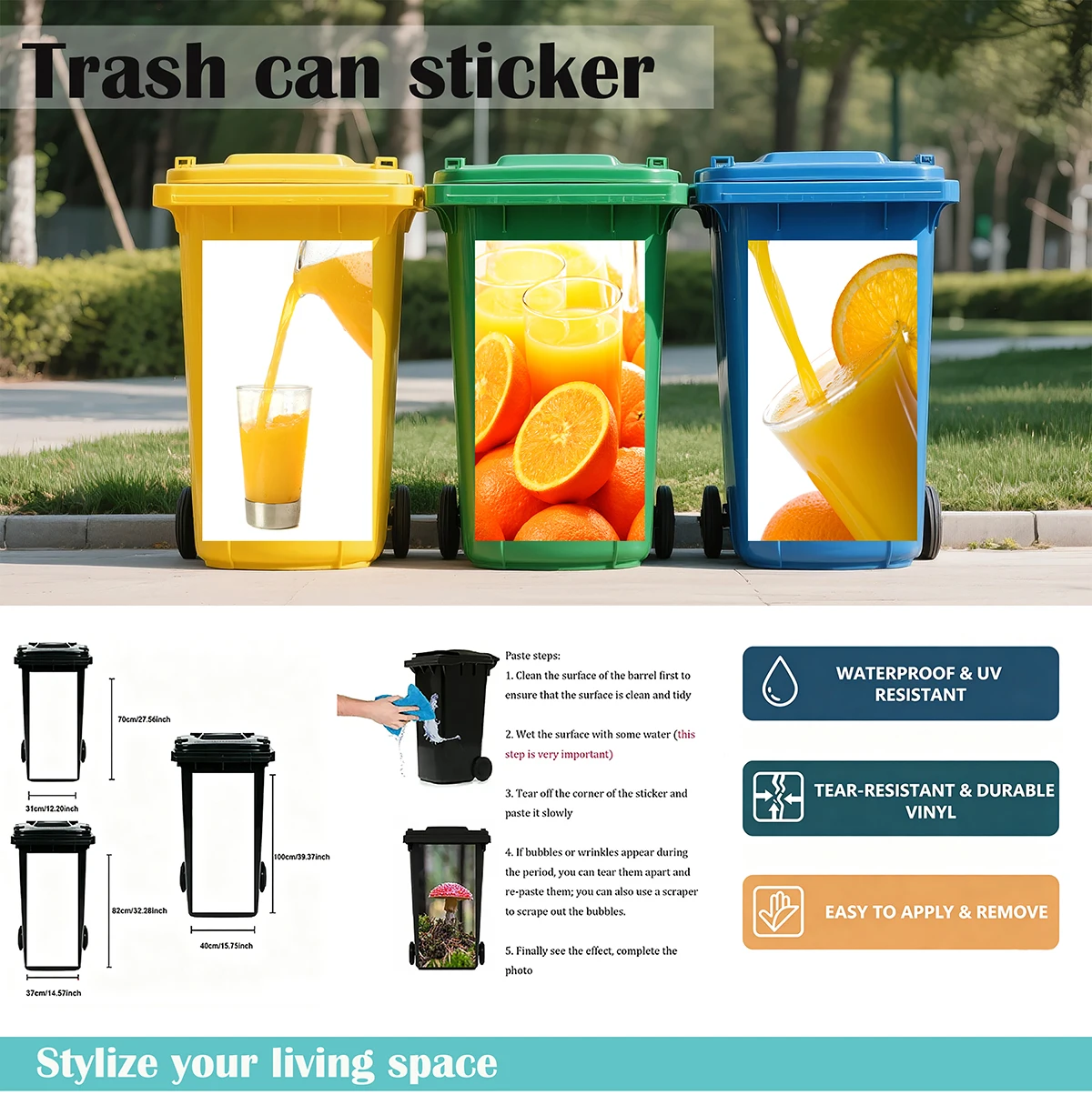 Fresh Orange Juice Fruit Wheelie Bin Sticker Waterproof Self Adhesive Decal Tear Resistant Outdoor Trash Can Wrap Yard Decor