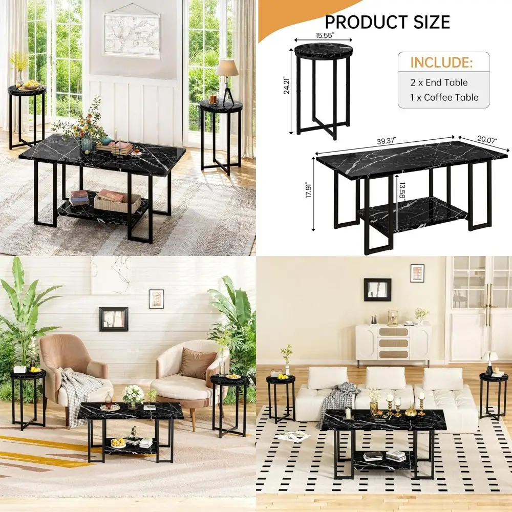 

Modern 3-Piece Living Room Furniture Set, Faux Marble Coffee Table with 2 Accent Side Tables, Metal Frame Design