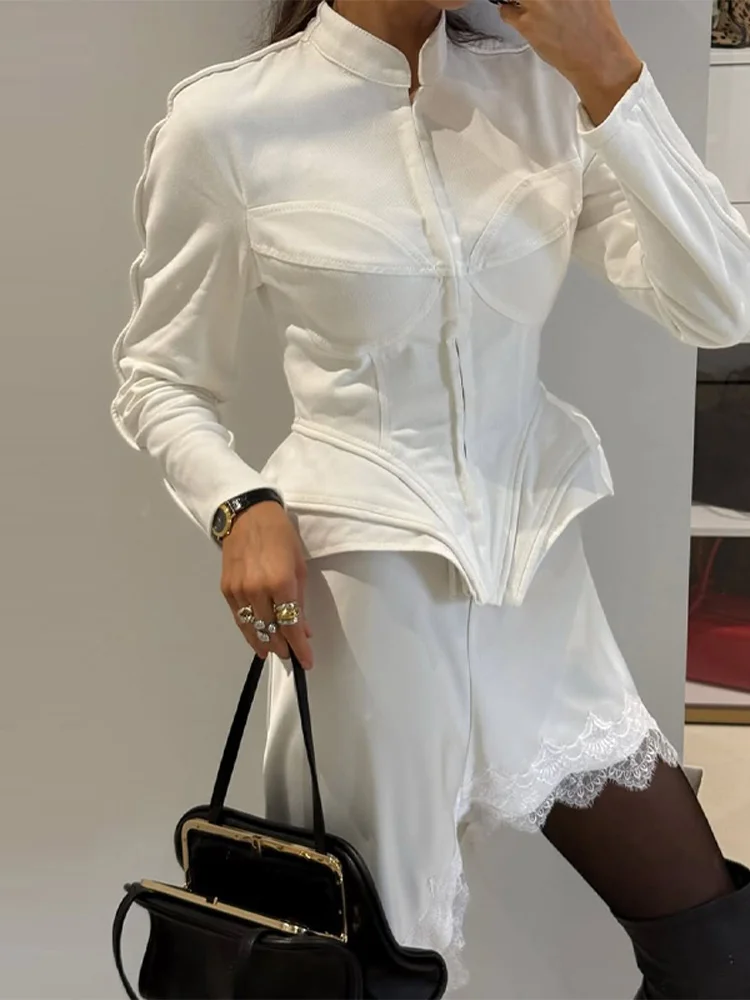 Taillenschnürende Korsett-Tops mit Unregelmäßigem Saum für Damen, Sexy Stehkragen Langarm Slim-Fit Bluse, Frühlings-Neuheit für Bürodamen, Partykleidung – Detail 21
