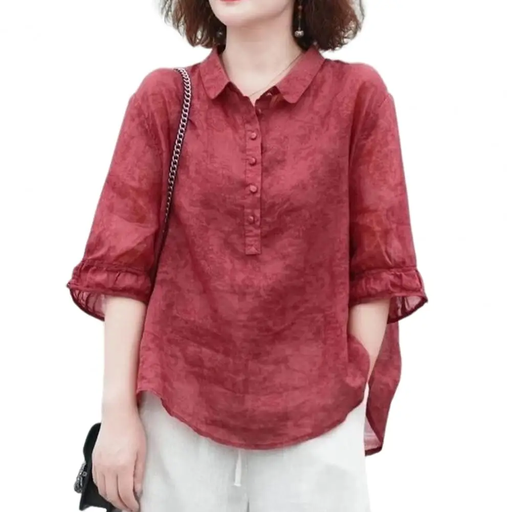 

Commuter Style Women Blouse Half Sleeve Shirt Women Top Women Lapel Button Shirt Quarter Sleeve Pullover Top Jacquard Blouse 80%