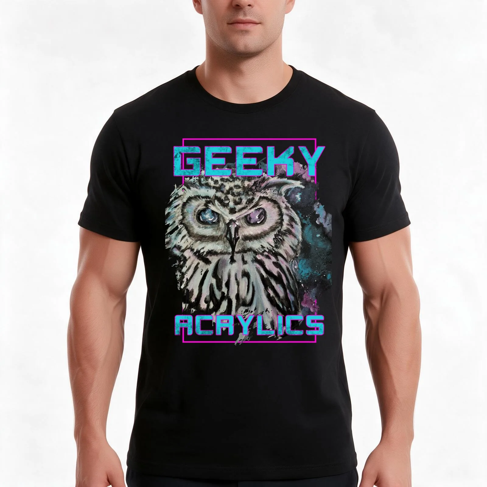 Space Owl Geeky Acrylics WHITE T-Shirt, Summer Casual Cotton Tee, Oversized Streetwear Tops, Vintage Graphic Print, 100% Cotton