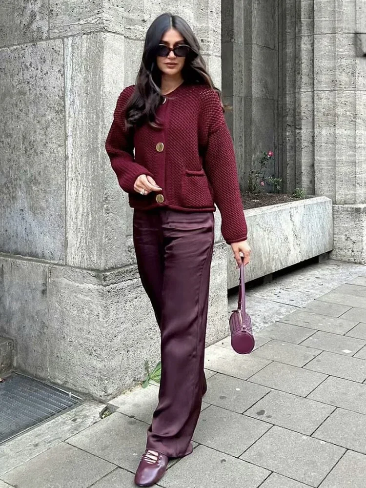 Chicheca Autumn Winter New Burgundy Cardigan Women Knitted Long Sleeves Femme Casual Sueter Mujer Loose Short Sweater Buttons