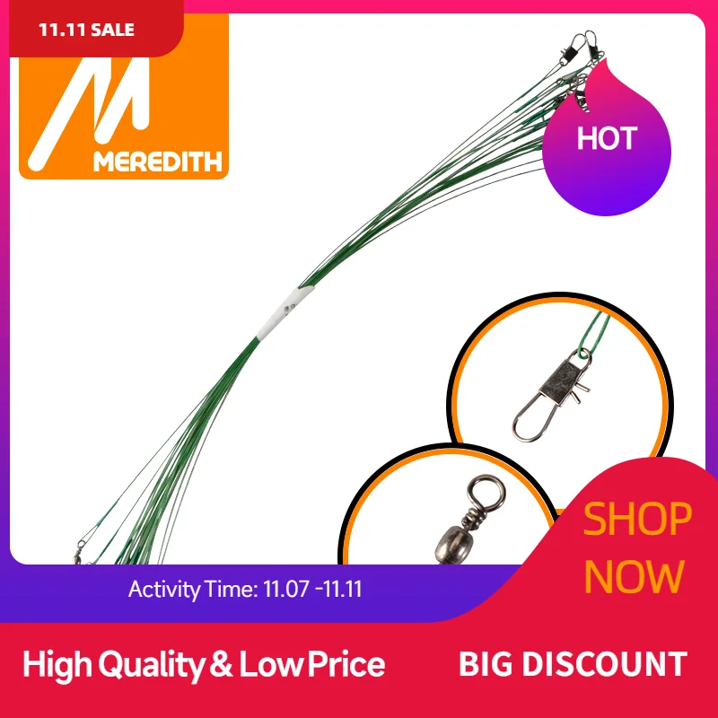 MEREDITH стальная леска против укуса 15-30 см, поводок из стальной проволоки с поворотным рыболовным аксессуаром, поводок с свинцовым сердечником, рыболовная проволока