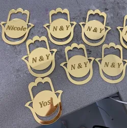 10Pcs Wedding Blessing Card Laser Cut Hasma Mirror Gold Custom Names Place Card Design Hebrew Bar Mitzvah Birthday Party Gift