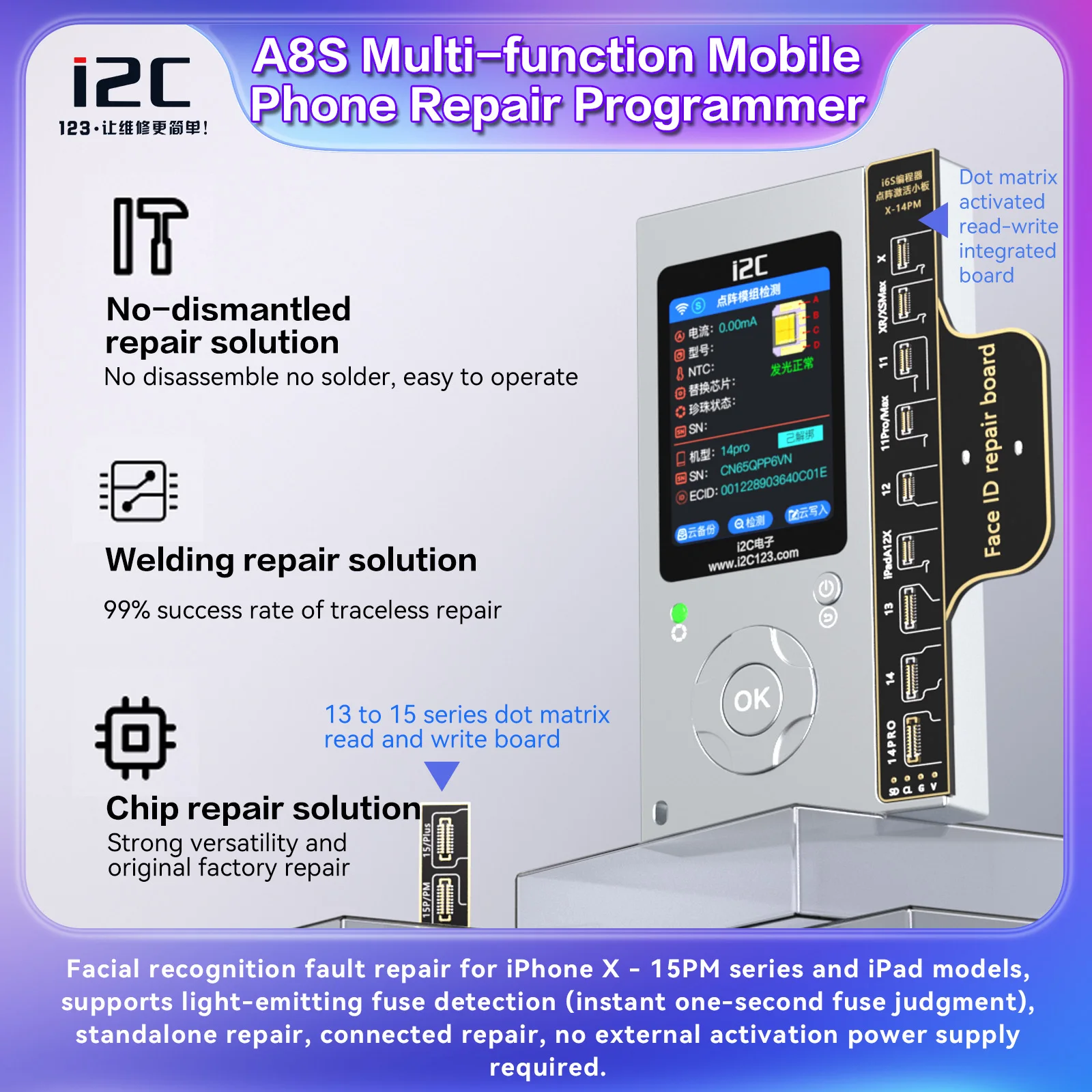 i2C A8S Programmer for iPhone X 11 12 13 14 15 Pro Max Photosensitive Original Color Earpiece Receiver Face ID Battery Repair