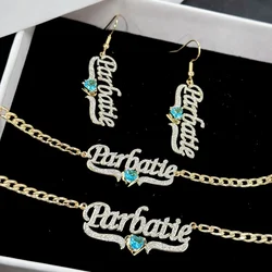 DUOYING Custom Name Dangle Earrings Nameplate Bracelet Blue Birthstone Necklace Set Jewelry Stainless Steel For Women Gift