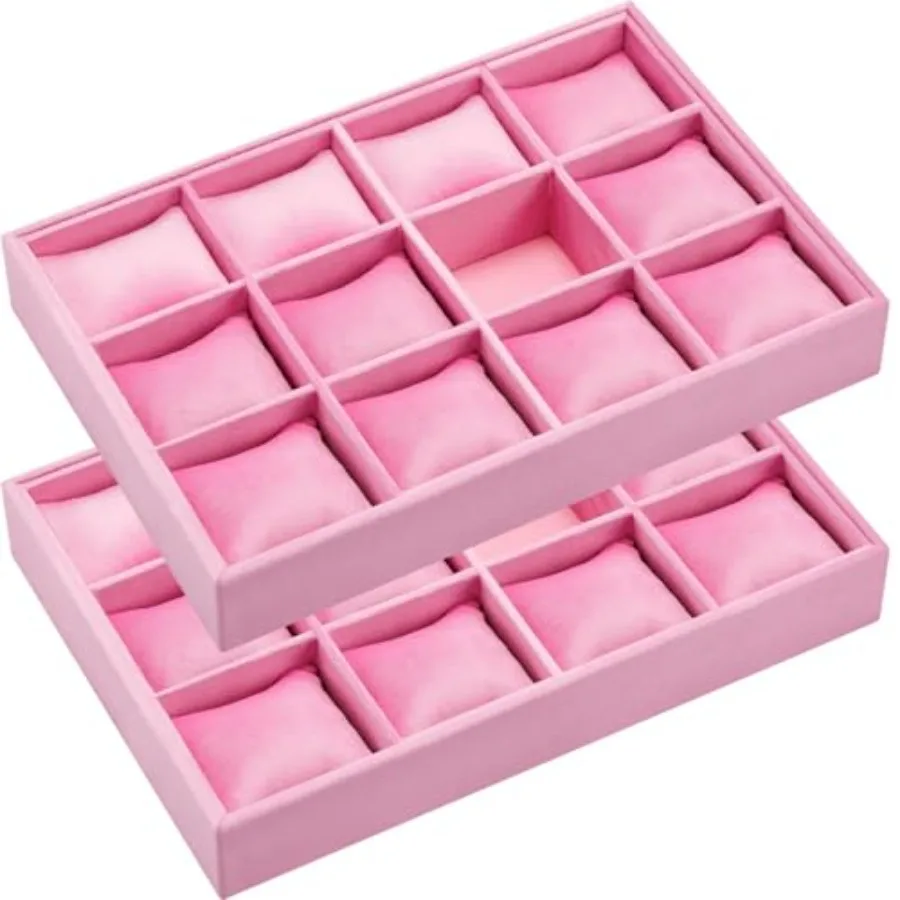 

2 шт., бархатный лоток для часов с 12 сетками, органайзер для ювелирных изделий, штабелируемый браслет для часов, держатель для дисплея, регулируемая подушка, розовый цвет