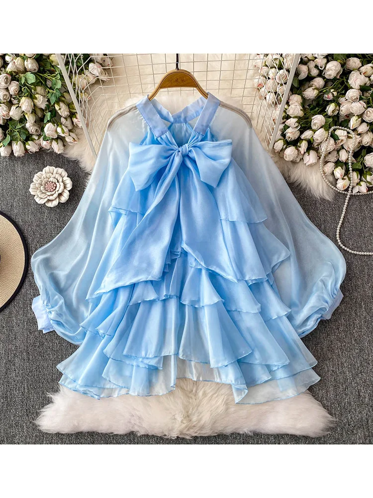 

Women‘s Summer Blouse French Gentle Solid Color Temperament Bow Lantern Sleeve Shirt Sweet Slimming Fairy Ruffled Top BL203