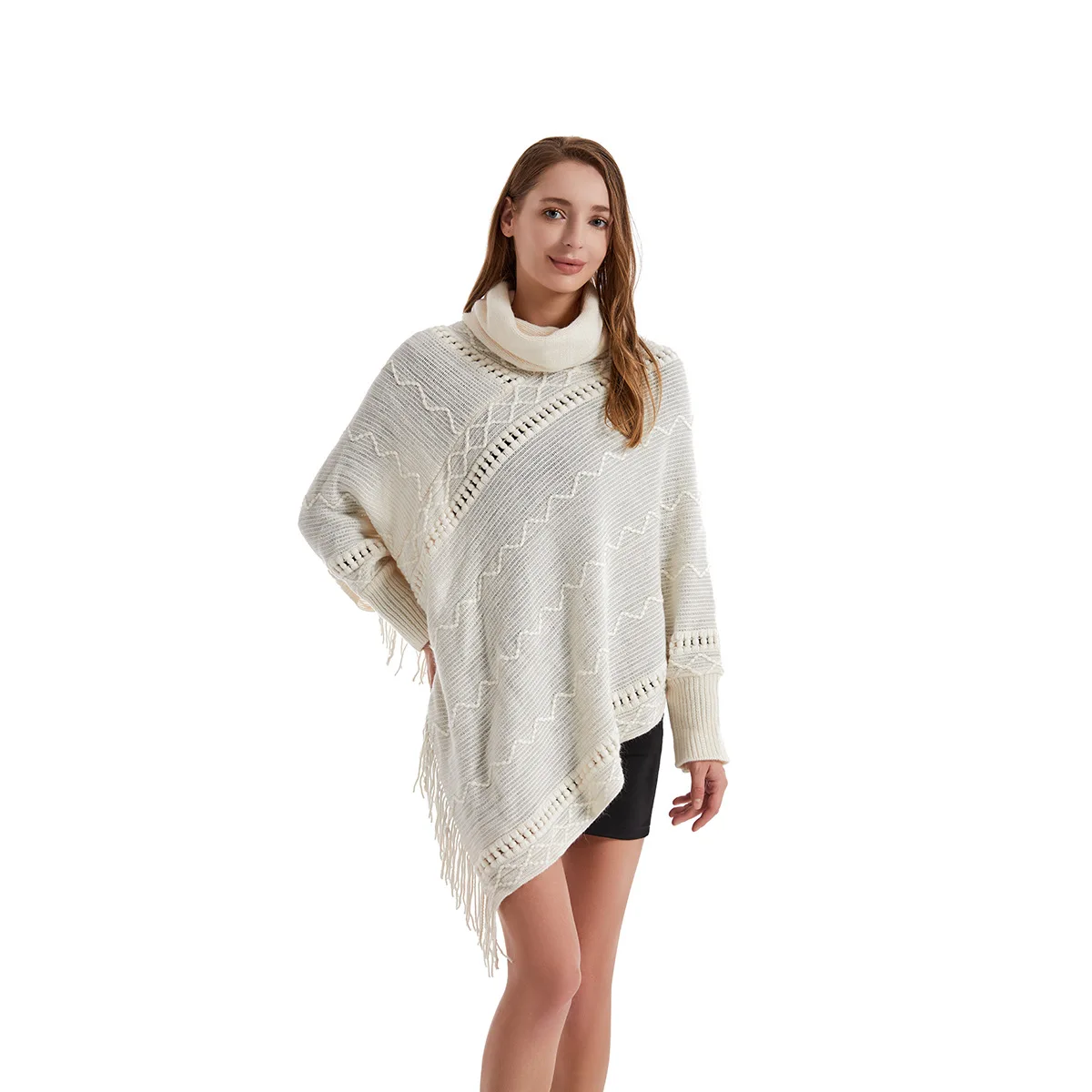 Women Spring Autumn Shawl Lady Knitted Wrap Solid Color Pullover with Sleeves Loose Turtleneck Sweater with Tassels Fall Poncho