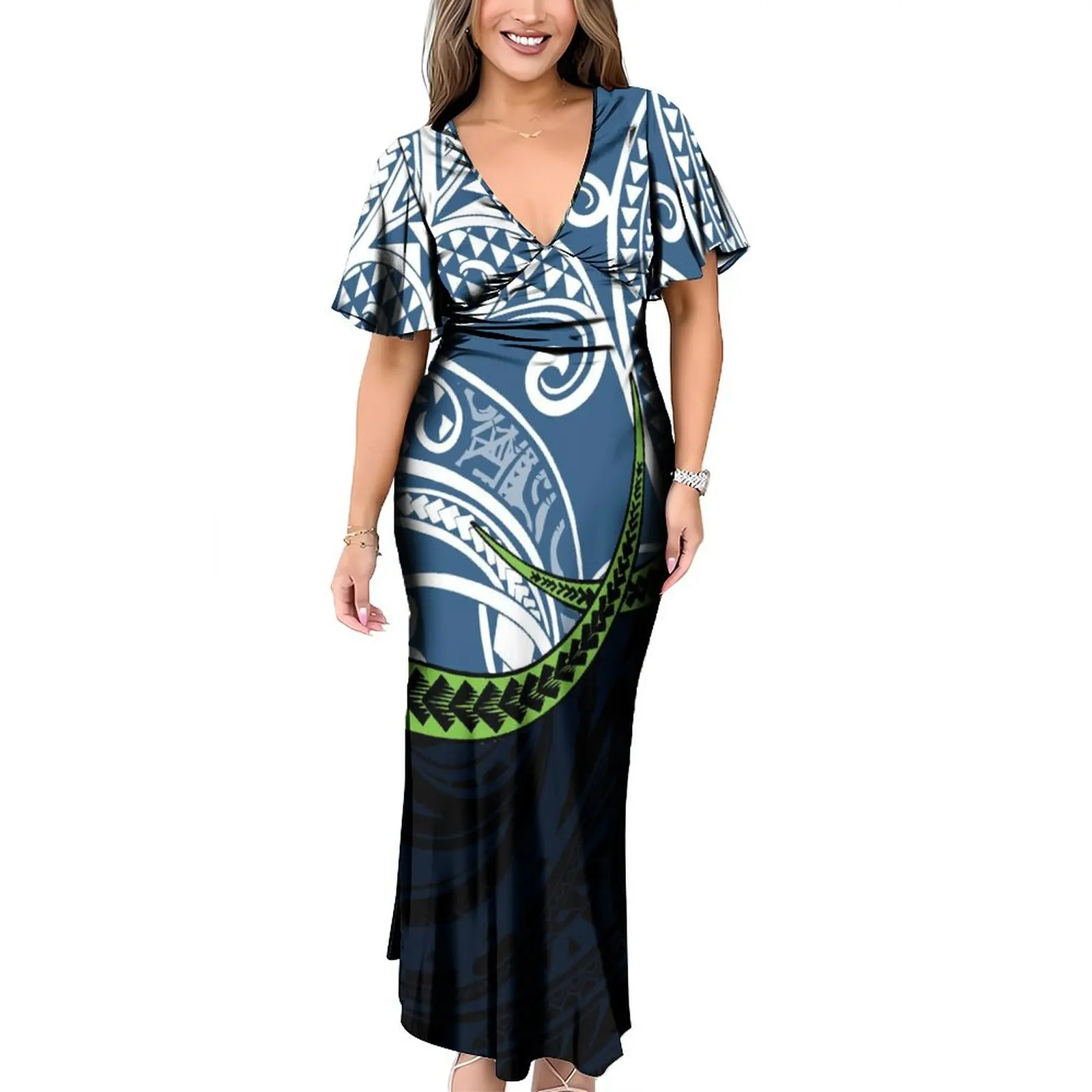 Robe Maxi à Manches Courtes et Col en V pour Homme, Coupe Basse, Îles du Pacifique, Chemise Personnalisée, Grande Taille, Couple Trempé, Samoa National, Hawaii