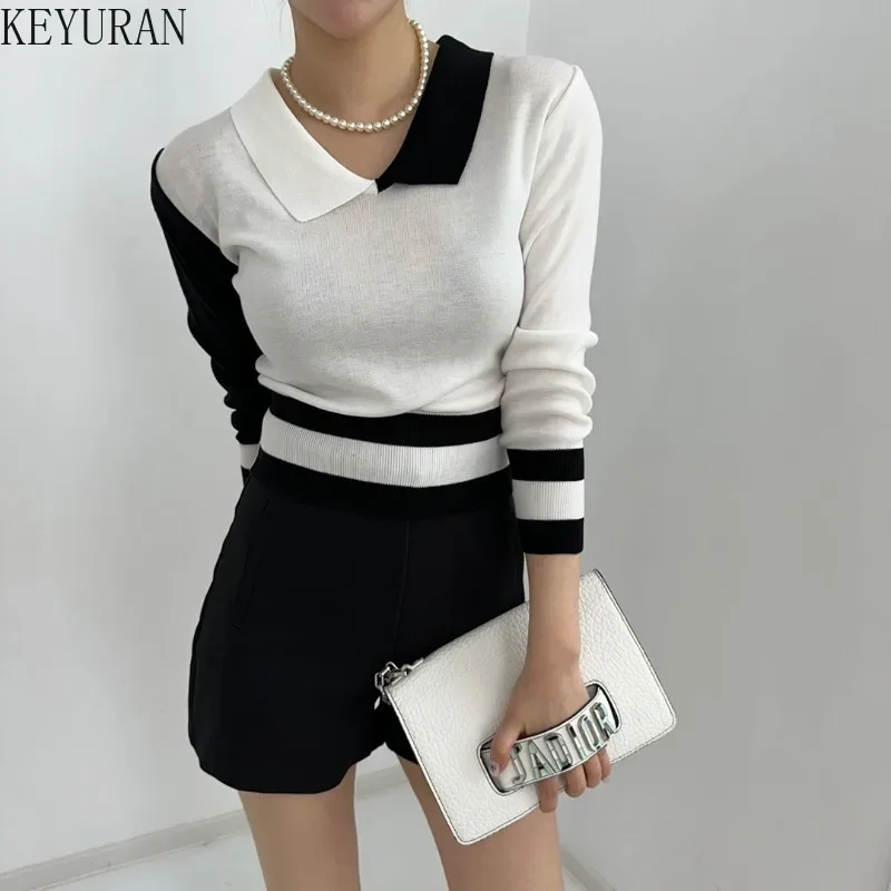 2024 Autumn Color Blocked Knitted Sweater Women Korean Fashion Chic Casual Slim Long Sleeve Crop Tops Pullovers Sweaters Jumpers