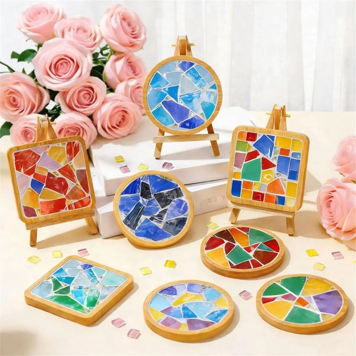 2026 New 4 Sets DIY Mosaic Kits for Adults - Graduation Birthday Gifts Glass Mosaic Tiles for Crafts with Wooden Coasters